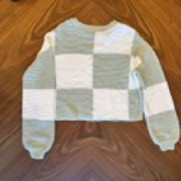 Girls Teal and White Oversize Check Cropped Sweater - Picture 3 of 5